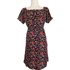 Forever 21 Women's Small Floral  Black Red Dress Off-Shoulder Short Sleeve